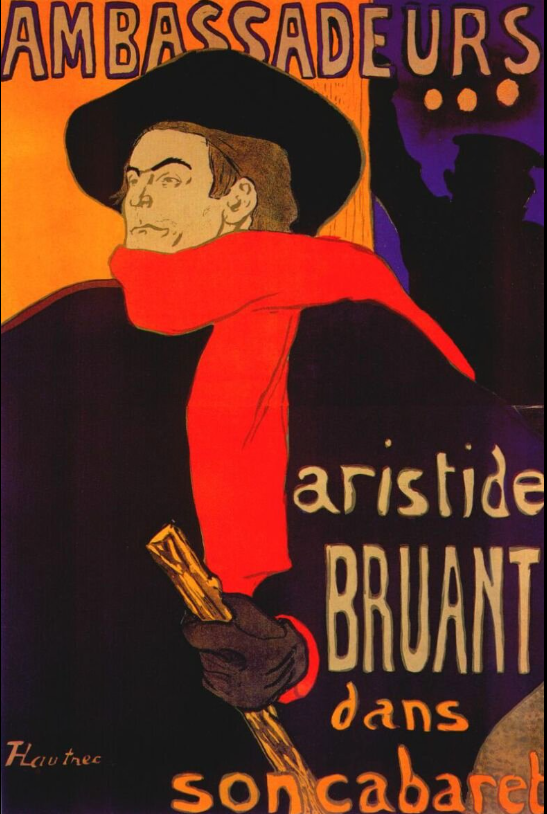 Poster “Ambassadeurs: Aristide Bruant” (1892) – Toulouse-Lautrec, phong cách poster Pháp kinh điển.