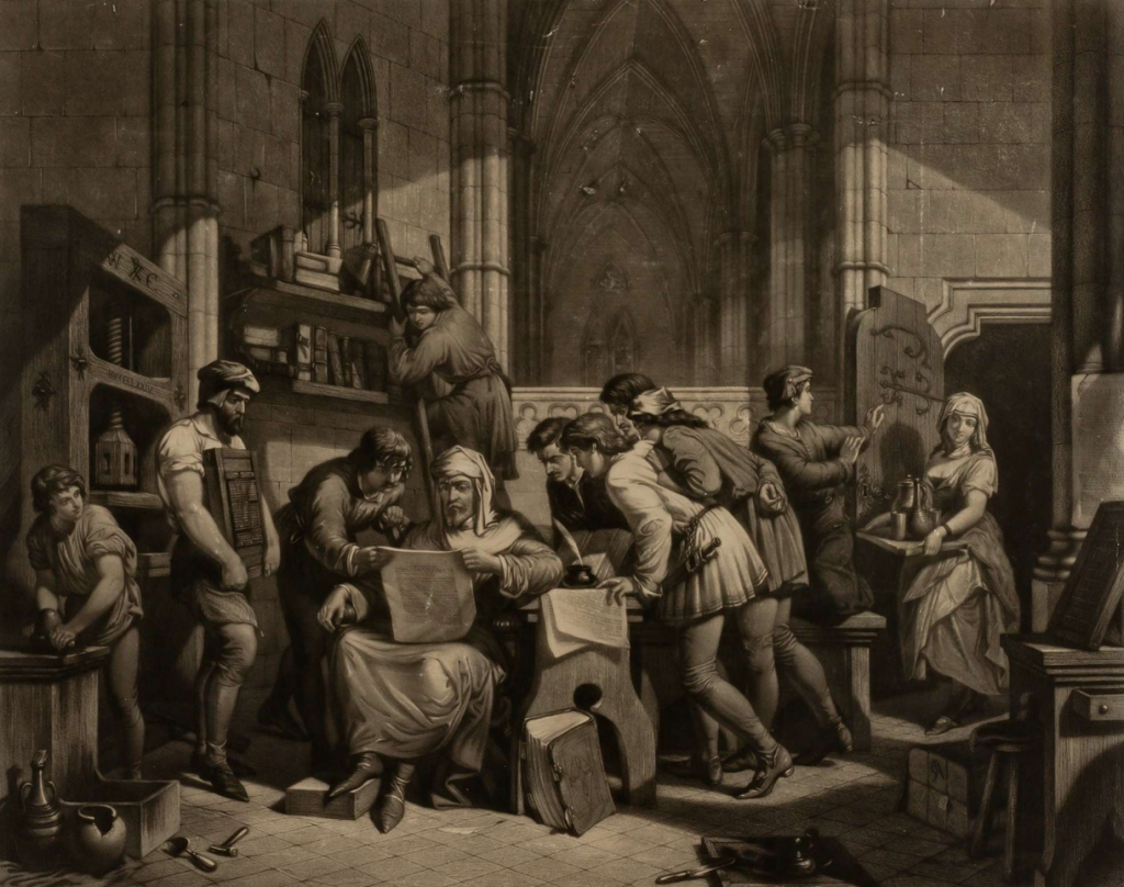 William Caxton xem bản in thử poster đầu tiên tại Westminster Abbey (1474)