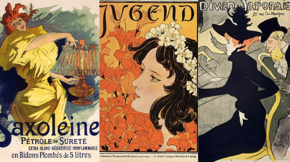 Ba poster kinh điển cuối thế kỷ 19: Saxoléine của Jules Chéret, Jugend của George Hirth và Divan Japonais của Toulouse-Lautrec